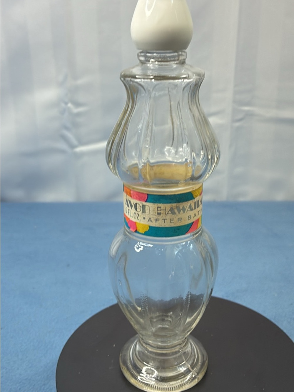 Avon Clear Glass After Bath Bottle with White Stopper and Colorful Label